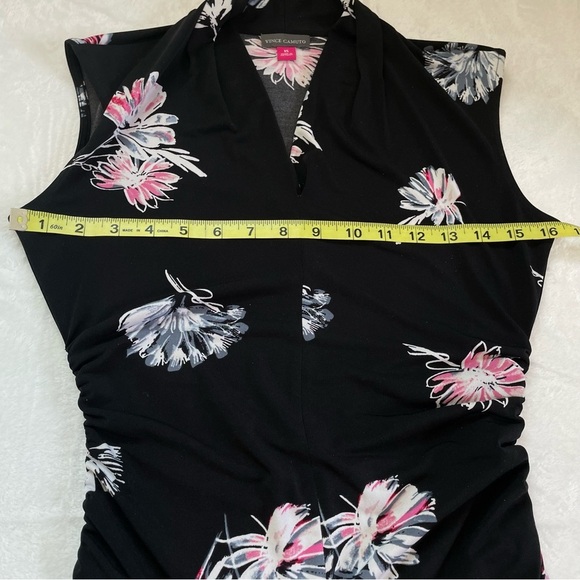 Vince Camuto Black Floral Ruched Stretch Top Sleeveless V-Neck Blouse Size XS - Picture 9 of 9